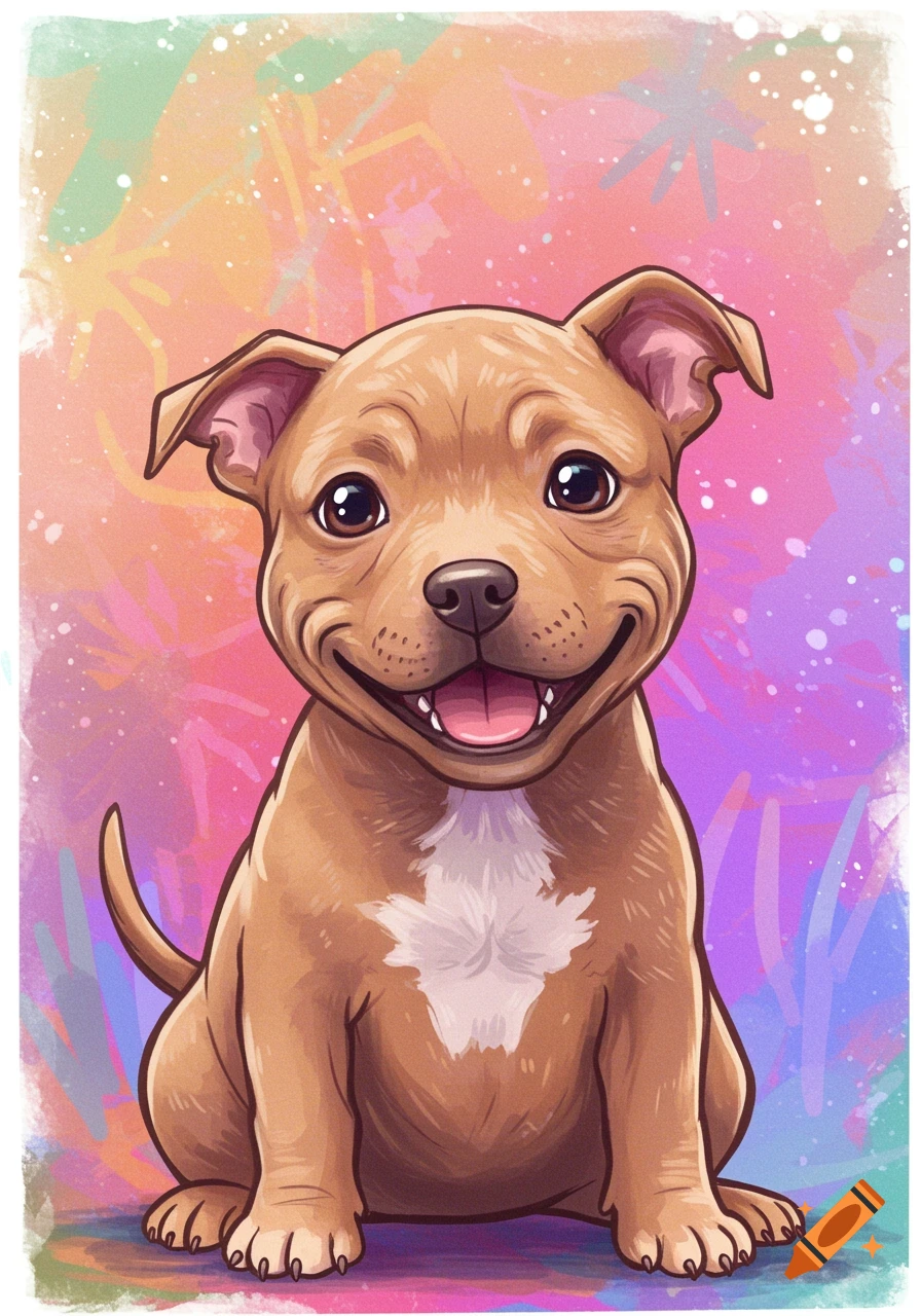 A happy, smiling cartoon pit bull puppy with big eyes sits against a colorful, abstract background.