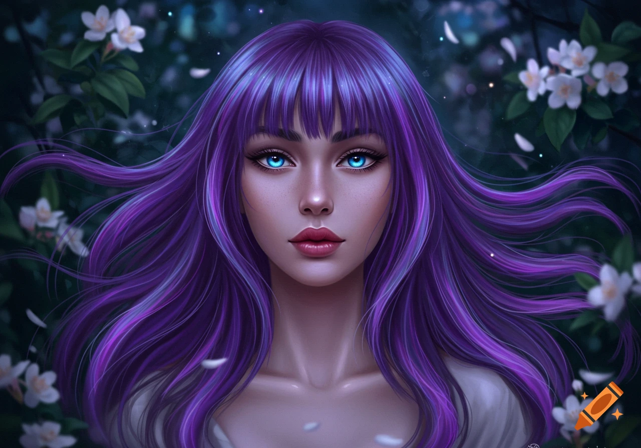 Digital art portrait of a woman with vibrant purple hair and piercing blue eyes, surrounded by white flowers and glowing elements.