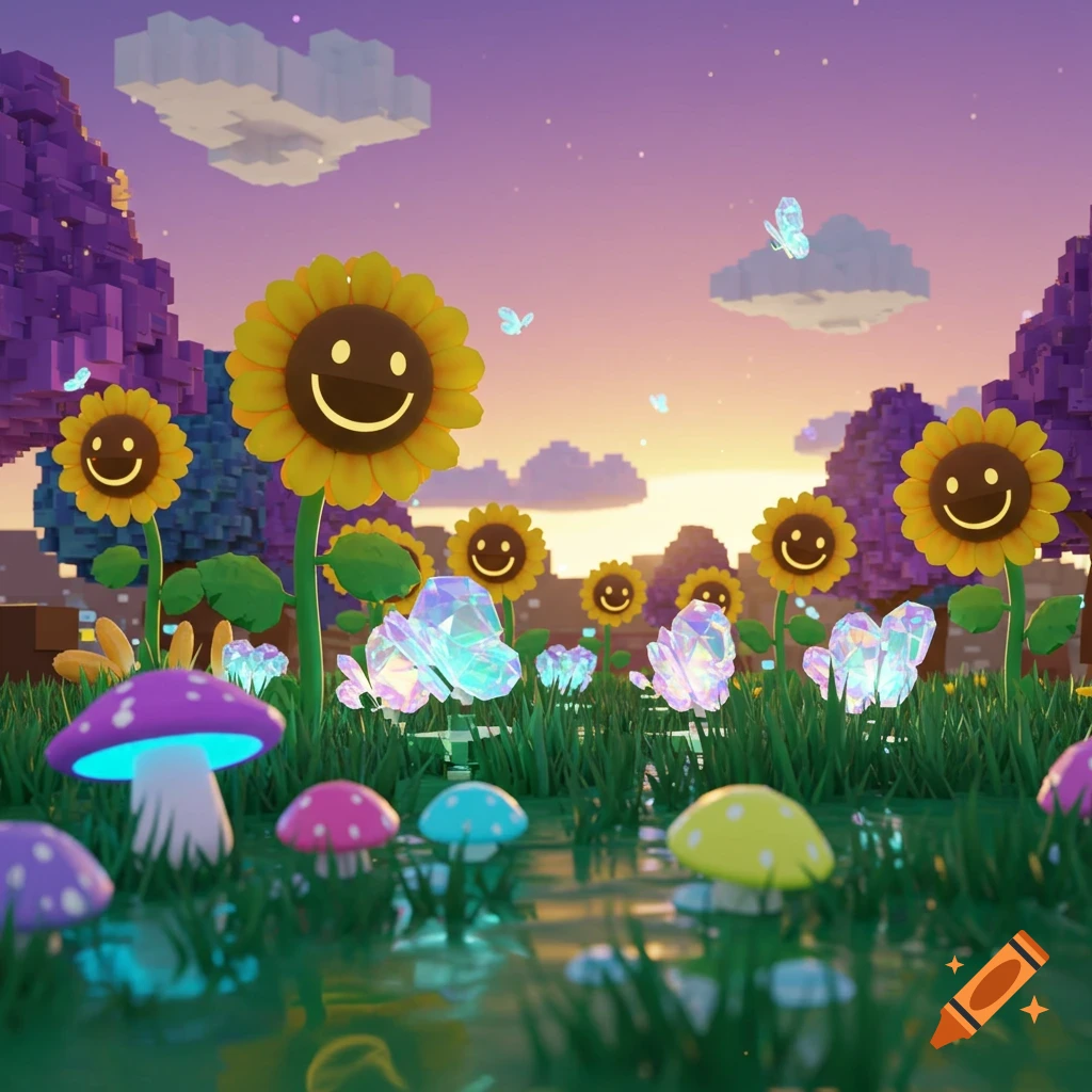 A whimsical voxel art garden at dusk with smiling sunflowers, glowing mushrooms, crystal plants, and blocky trees and clouds.