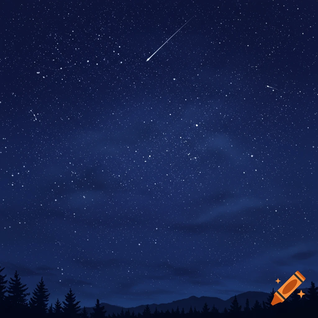 A dark blue starry night sky with a bright shooting star over a silhouette of a pine forest and mountains.