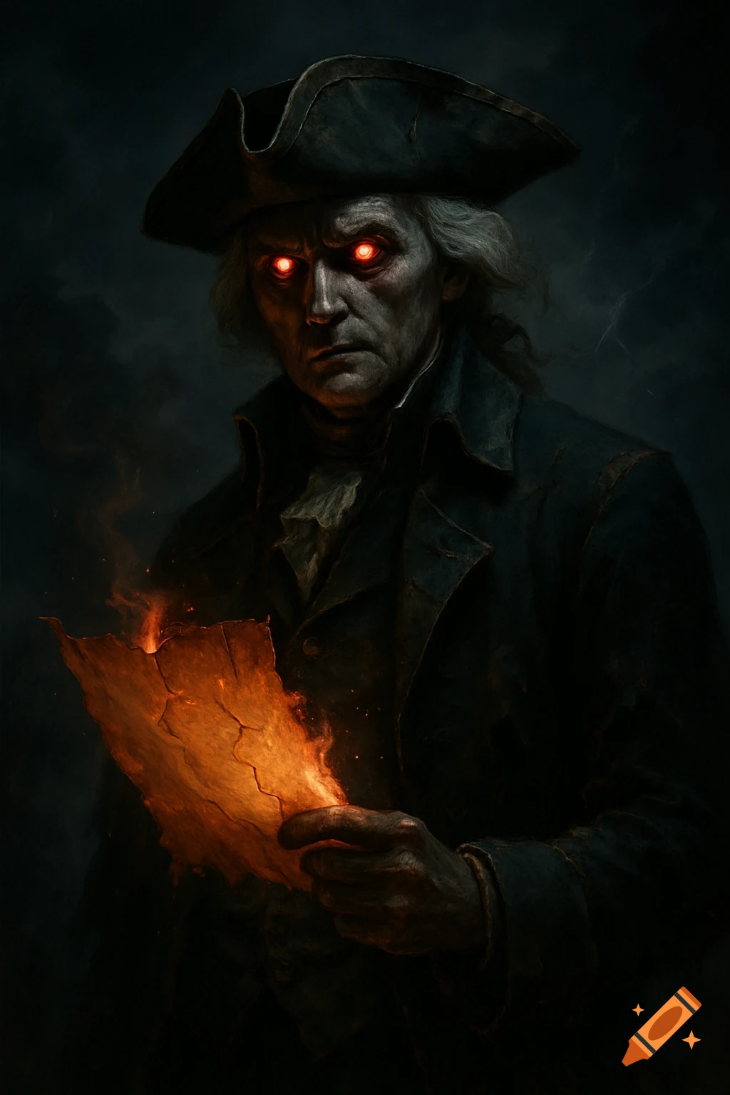 A dark, eerie portrait of a man in colonial attire with glowing red eyes holding a burning parchment.
