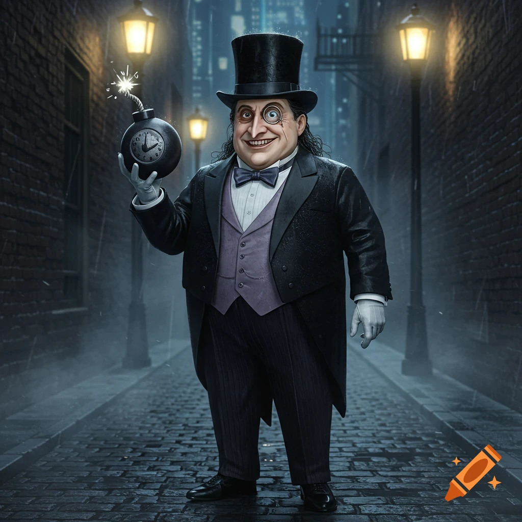 The Penguin, a supervillain, stands in a rainy city alley holding a lit bomb, in a comic book art style.