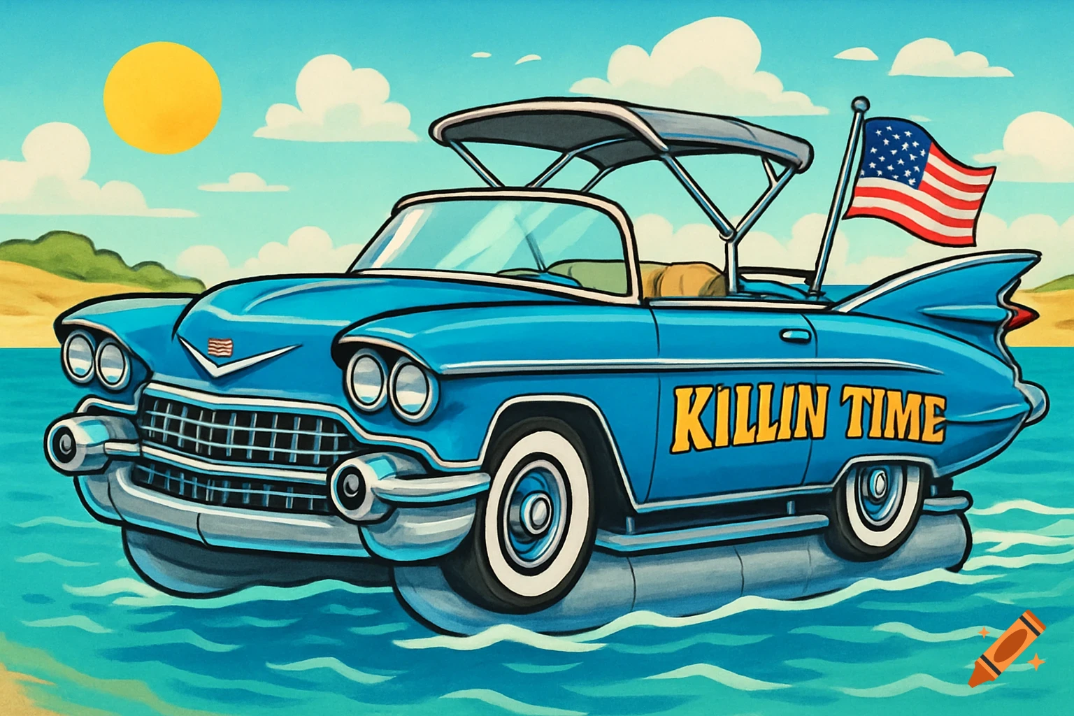 A cartoon blue Cadillac-style pontoon boat named 'Killin Time' with an American flag, floating on water near a beach under a sunny sky.