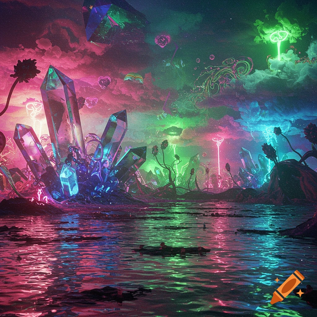 Vibrant, psychedelic landscape featuring large glowing pink, blue, and green crystals reflected in water under a colorful sky.
