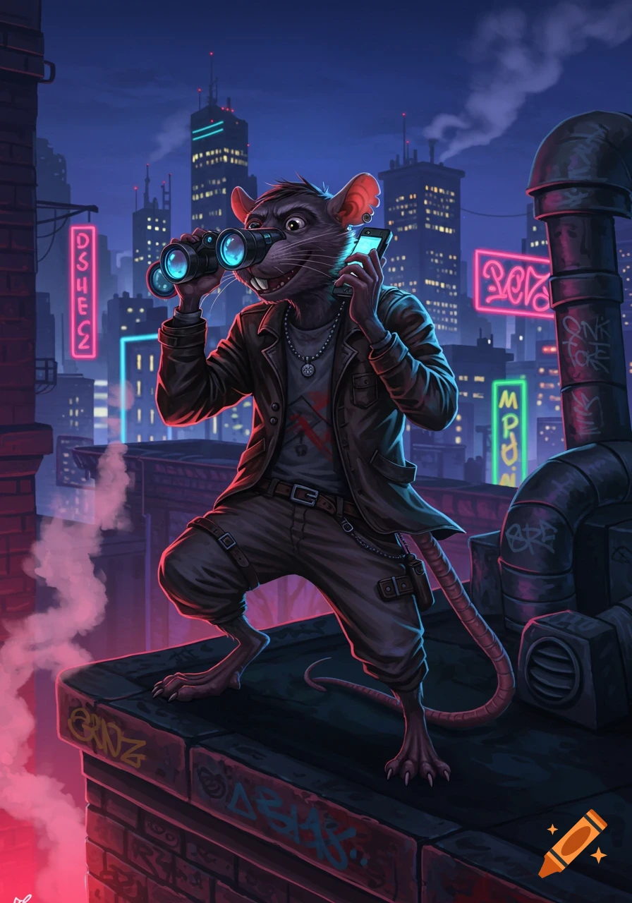 A humanoid rat in a jacket and pants, looking through binoculars and holding a glowing phone, stands on a neon-lit city rooftop at night in a comic art style.