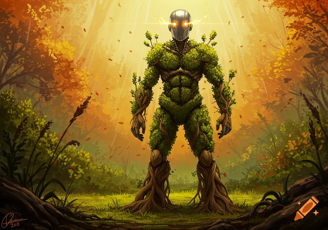 A powerful plant creature with a metal head and glowing eyes stands in a vibrant, sunlit autumn forest, digital painting.