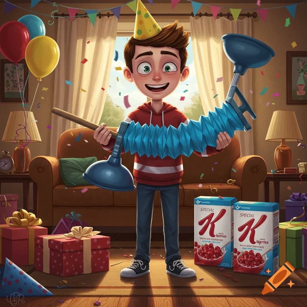 Smiling cartoon boy in a party hat holds an accordion plunger, surrounded by birthday gifts, balloons, and confetti in a living room.