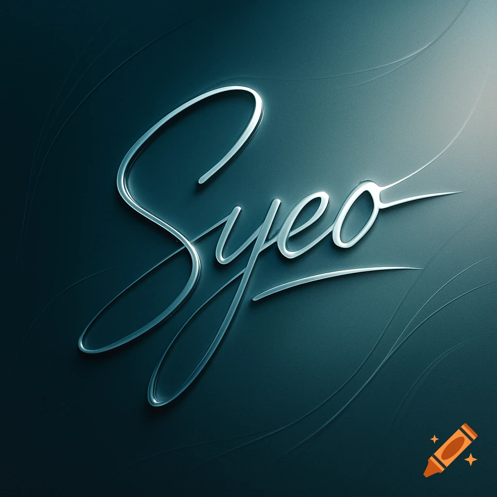 Stylized glossy blue text 'Syeo' in a signature script font on a dark blue-green background with subtle wavy lines.