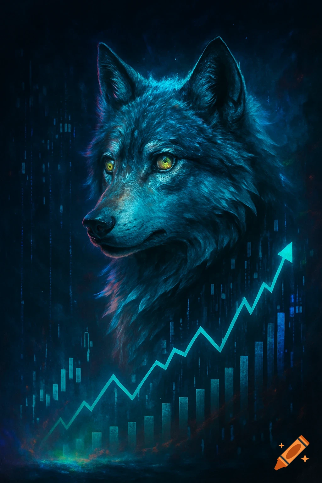 Digital art of a neon blue wolf with glowing eyes, looking left, over an upward trending cyan stock market graph and bar charts on a dark background.