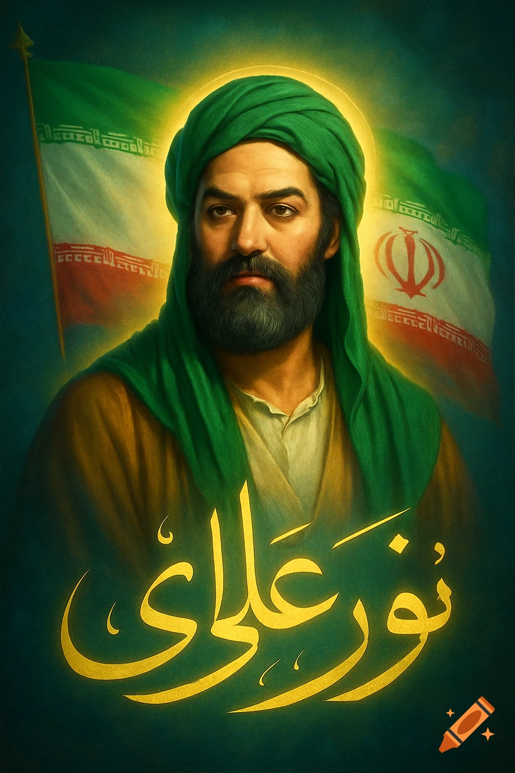 A portrait of a bearded man in a green turban, with a glowing halo, against a waving Iranian flag, with golden Arabic calligraphy below.