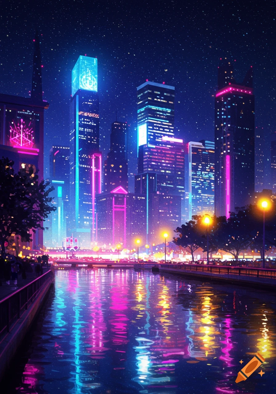 Vibrant, futuristic cityscape at night with towering skyscrapers in blue and pink neon, reflecting on a canal under a starry sky.