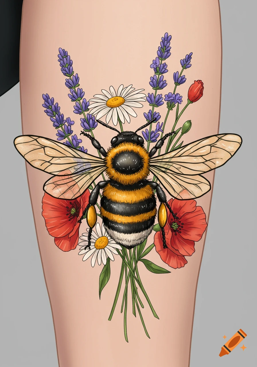 A colorful tattoo design of a fuzzy bumblebee surrounded by lavender, daisies, and red poppies on light skin.