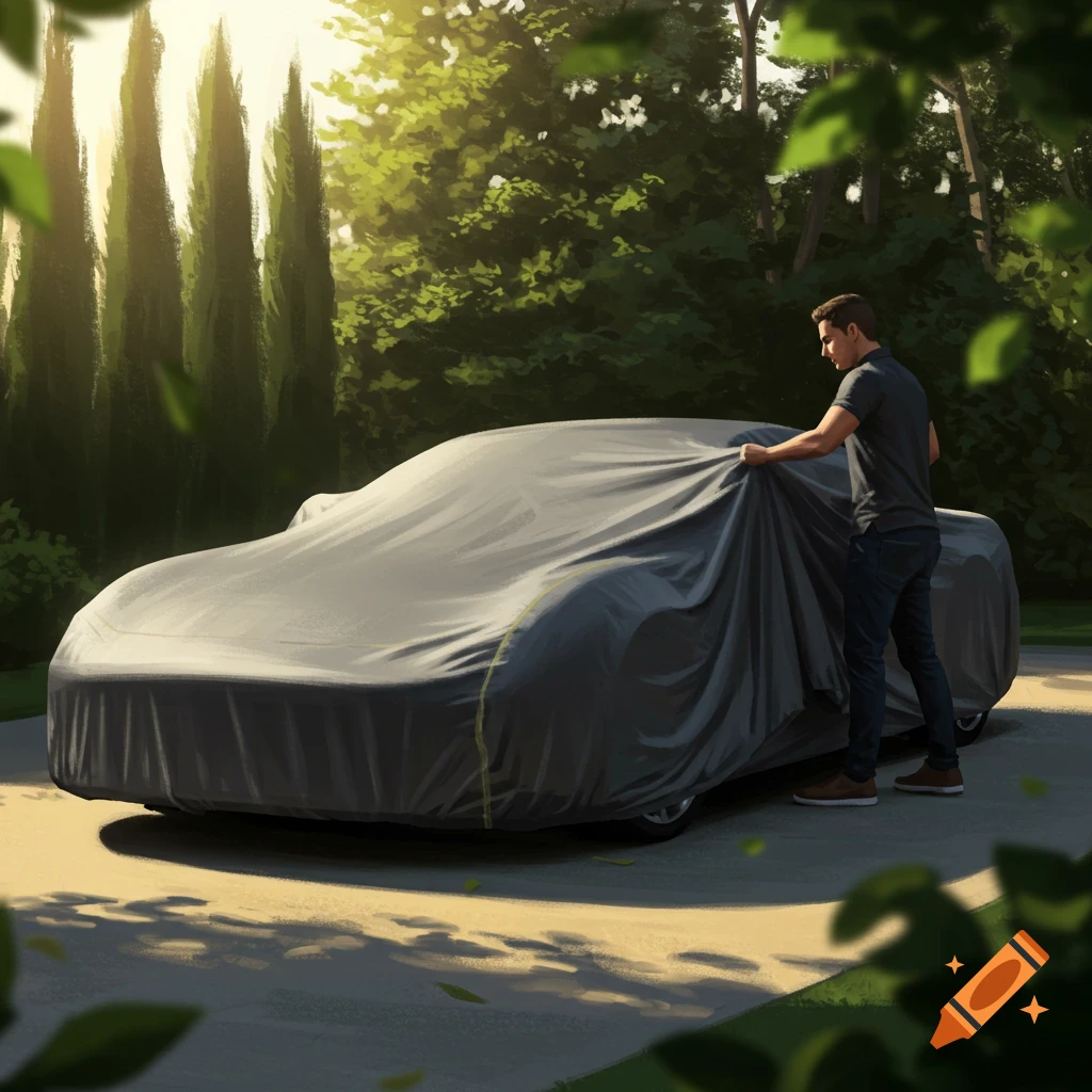A man covers a car with a gray car cover in a sunny outdoor setting, illustration style.