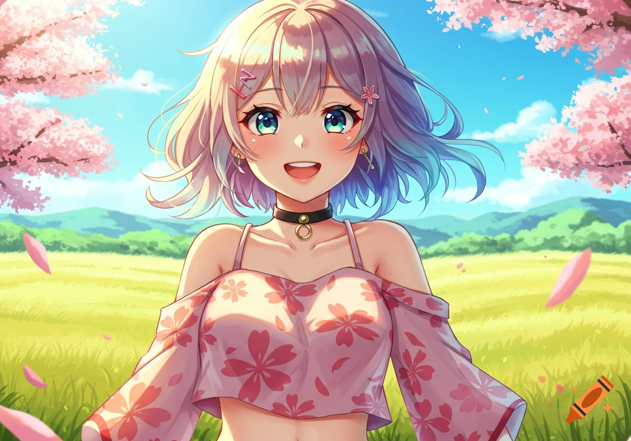 Smiling anime girl in a pink floral crop top and choker in a sunny field with cherry blossoms.