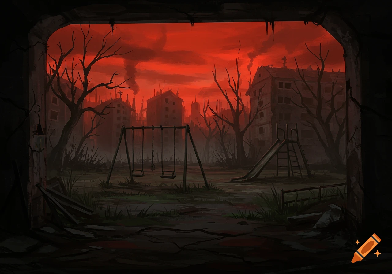 An abandoned playground with swings and a slide in a desolate, ruined suburban neighborhood under a blood-red sky, painted in a dark art style.