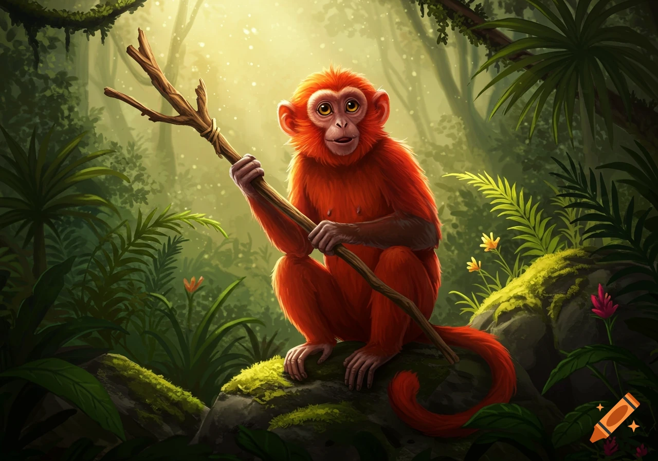 A vibrant red monkey with large eyes sits on a mossy rock, holding a stick in a lush, sun-dappled jungle.