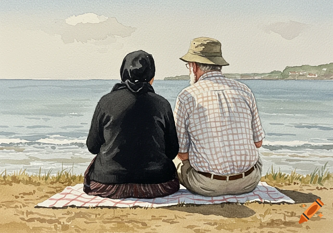 Elderly couple from behind sitting on a picnic blanket by the sea, watercolor style.