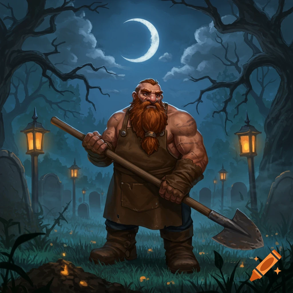 A muscular, bearded dwarf gravedigger stands in a spooky graveyard at night, holding a shovel under a crescent moon. Fantasy art style.