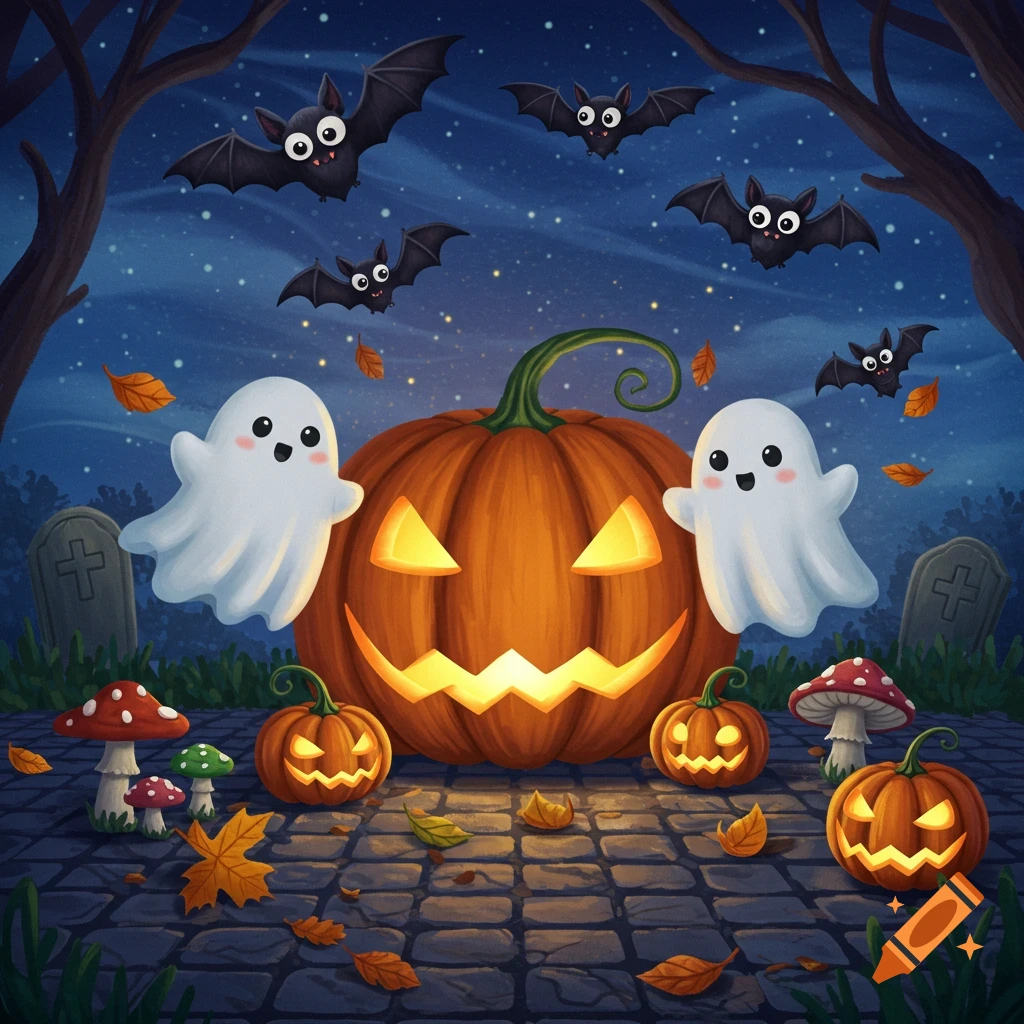 Cute Halloween illustration with a large jack-o'-lantern, two ghosts, bats, mushrooms, and autumn leaves on a cobblestone path under a starry sky.