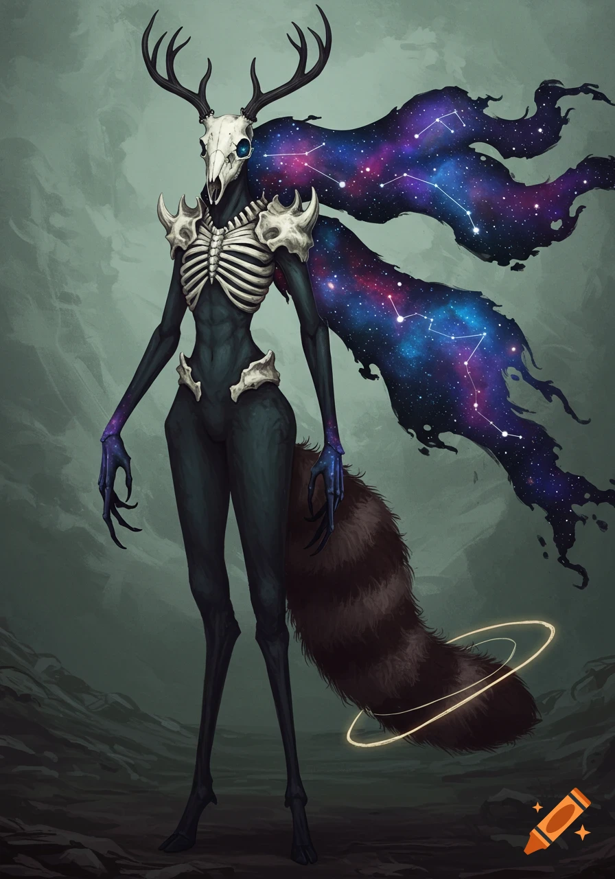 A fantasy creature with a deer skull head and antlers, a skeletal ribcage, a flowing galaxy cloak, and a large raccoon tail.