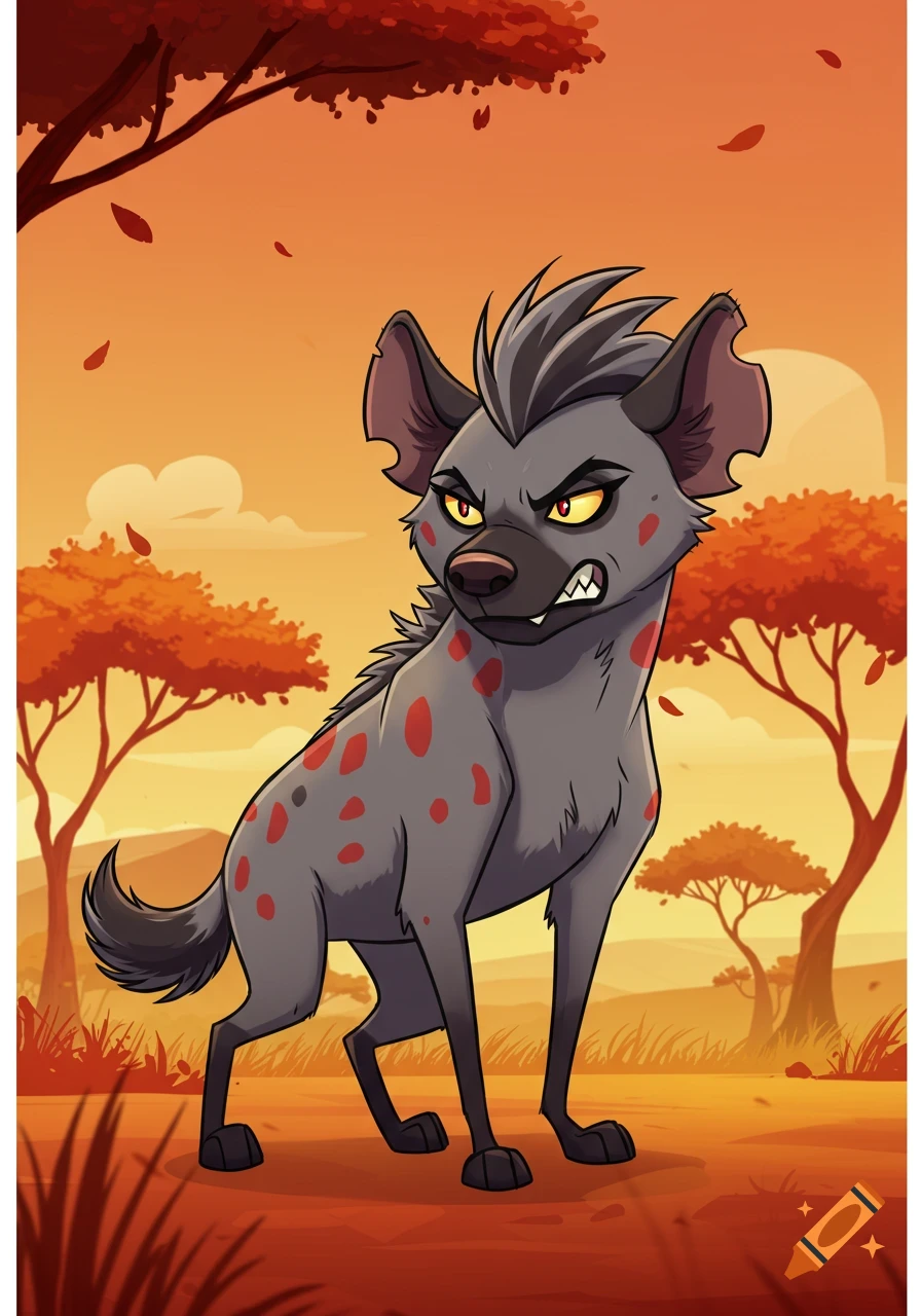 A fierce grey and red cartoon hyena with red spots, spiky hair, and glowing yellow eyes stands in an orange savanna.
