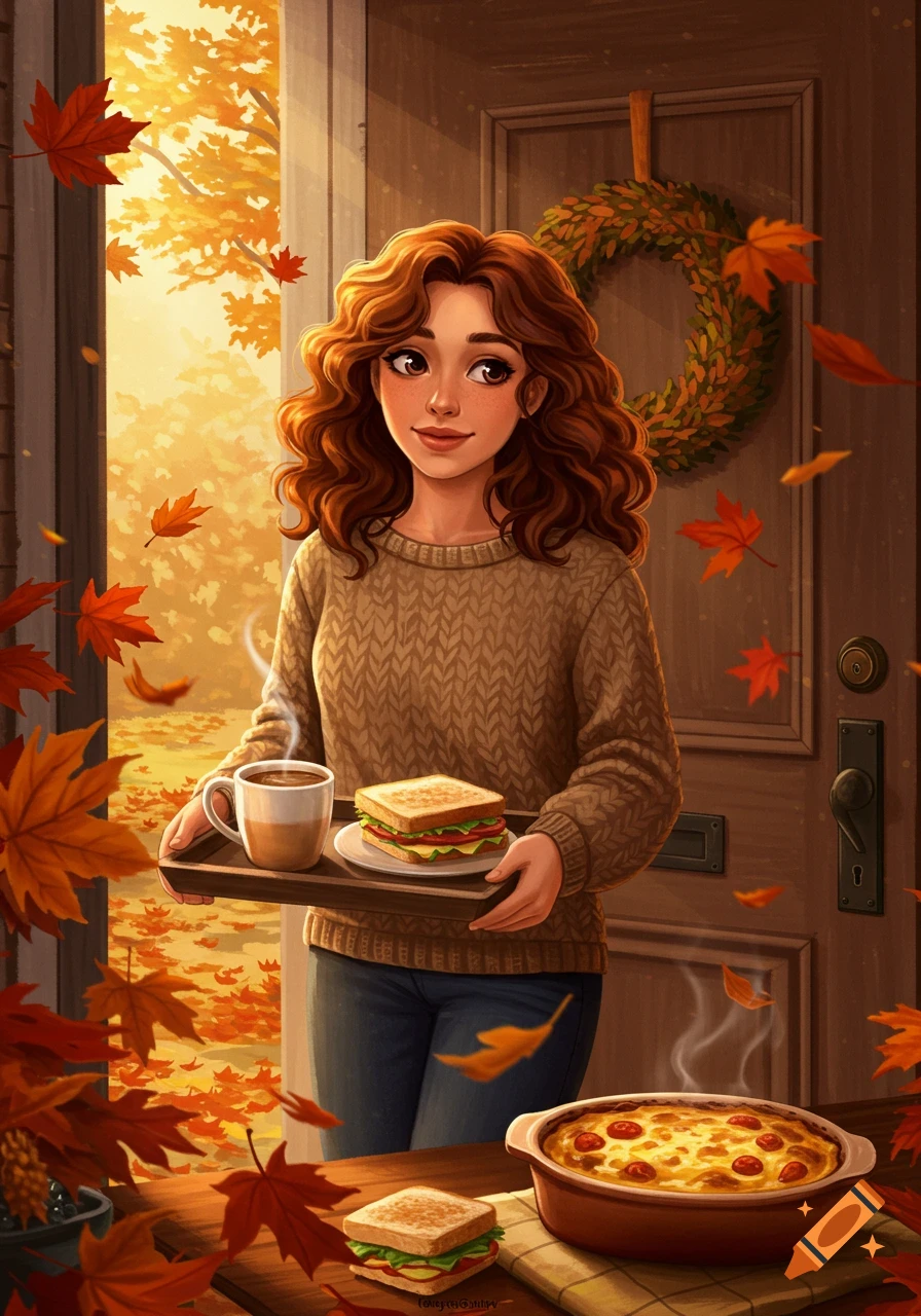 A brown-haired woman in a cozy sweater holds a tray with coffee and a sandwich, standing by an open door with autumn leaves. A casserole is on a table.