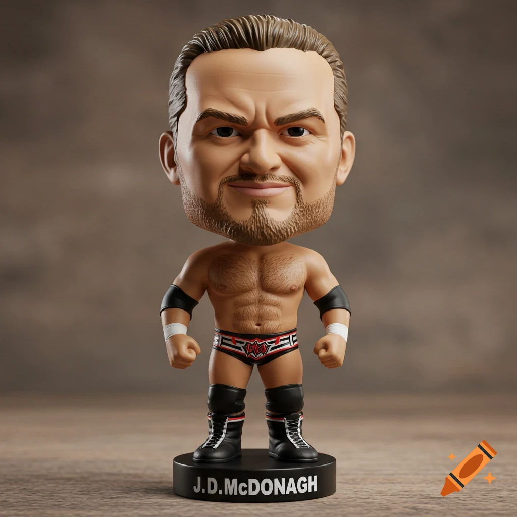 A photorealistic bobblehead toy of wrestler J.D. McDonagh, wearing wrestling trunks and boots, standing on a black base.