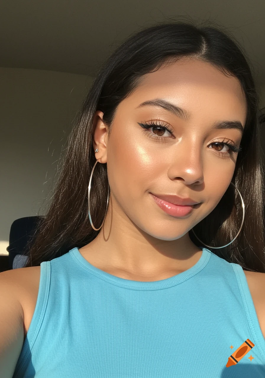 Selfie of a smiling young woman with long dark hair, wearing a cyan ribbed tank top and large silver hoop earrings, illuminated by natural light.
