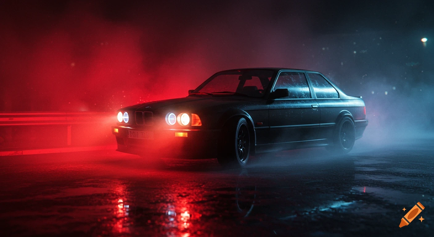 A black BMW car on a wet street at night, illuminated by red and blue fog and headlights, with reflections.