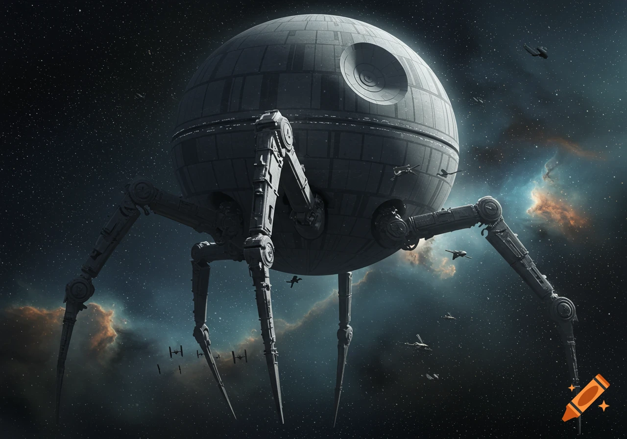 A gigantic, mechanical Death Star with multiple legs stands in space, surrounded by small spacecraft and distant nebulae.