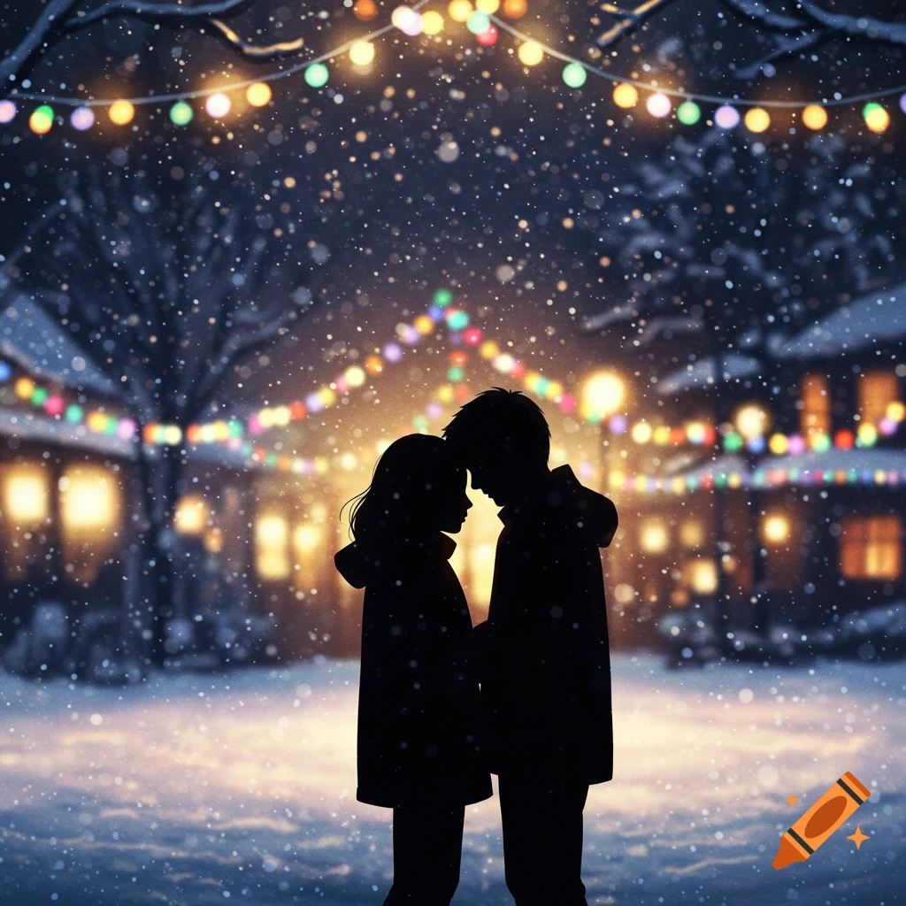 A silhouetted couple stands close, heads together, under colorful Christmas lights during a snowy night.