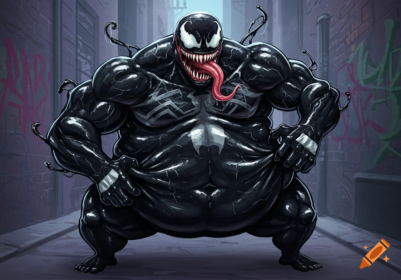 A very fat Venom superhero squeezing his belly in a dark, graffiti-covered alley, in a comic book illustration style.
