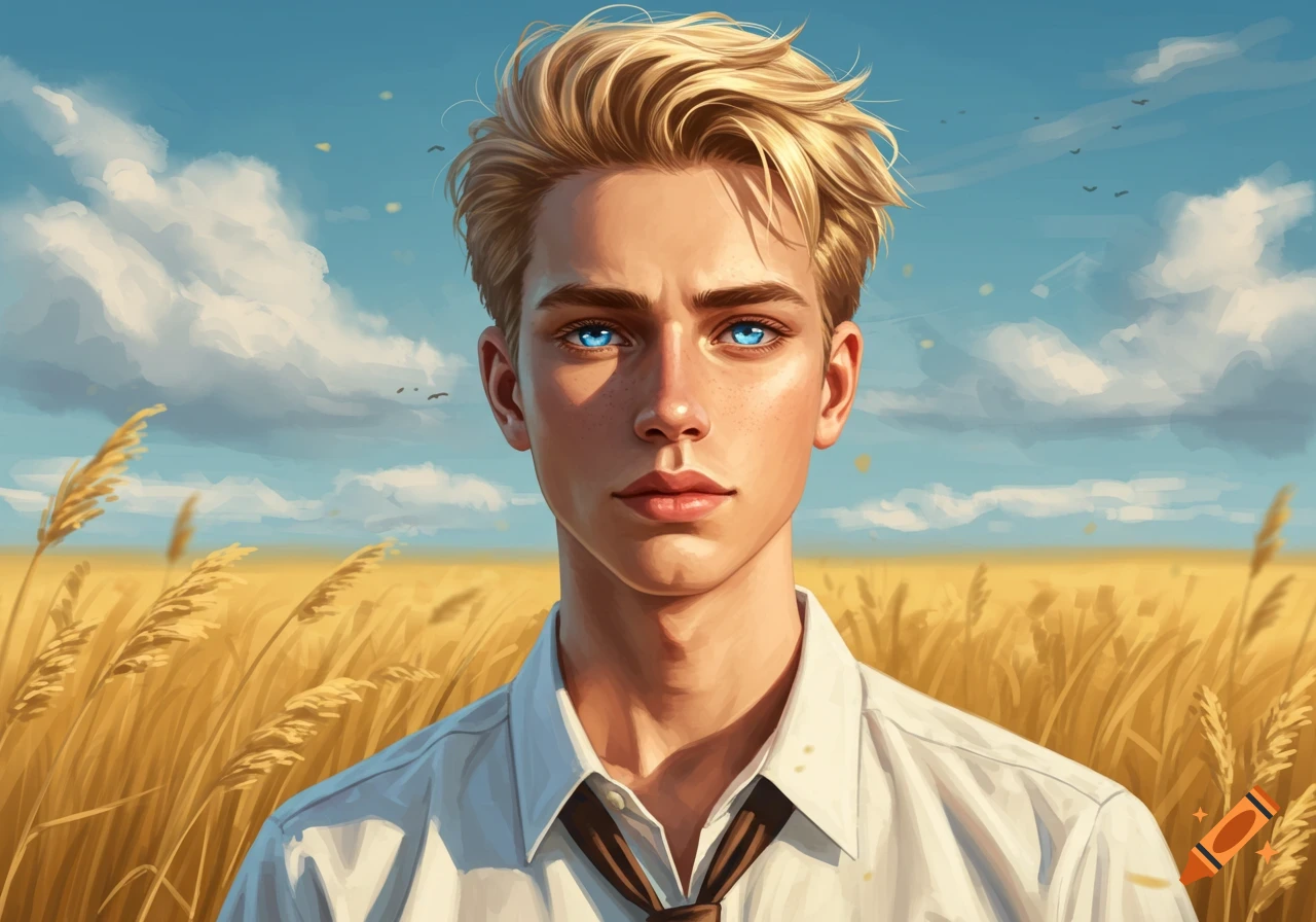 Illustrative portrait of a young man with blonde hair and striking blue eyes in a golden wheat field under a blue sky.