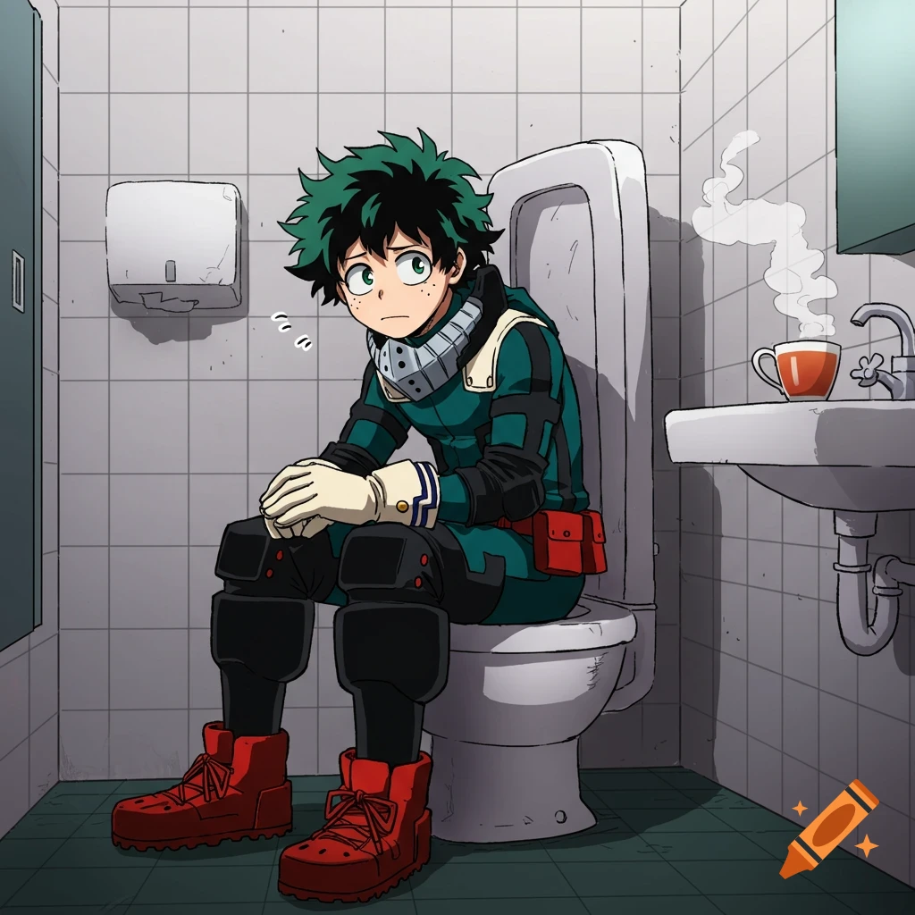 Anime style depiction of Izuku Midoriya (Deku) in his green hero suit, sitting on a toilet in a bathroom, looking thoughtful.