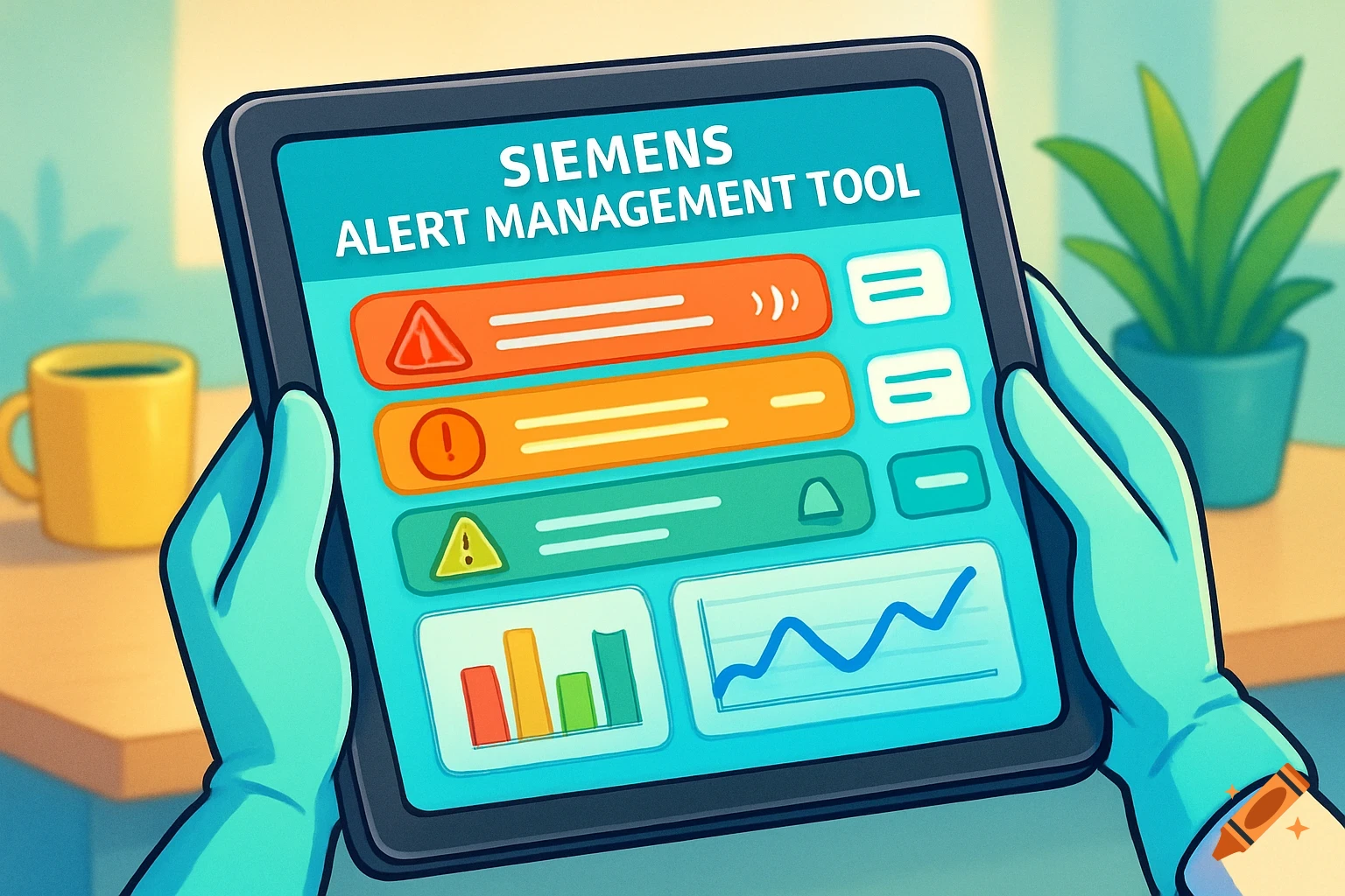 Cartoon close-up of hands holding a tablet displaying the 'Siemens Alert Management Tool' app with various alerts and charts.