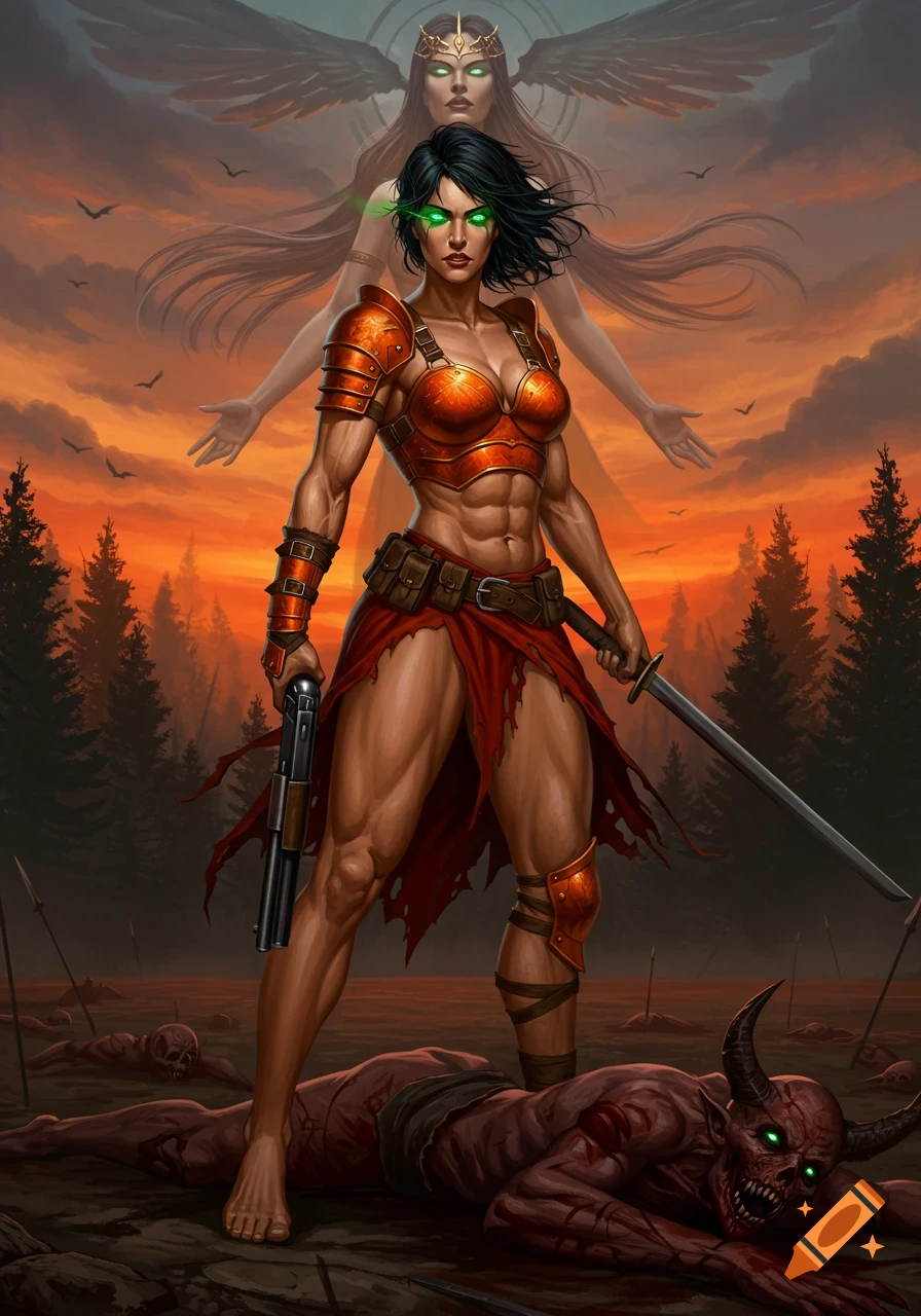 Muscular warrior woman with glowing green eyes stands over a slain demon, a ghostly winged figure behind her in a sunset battlefield.