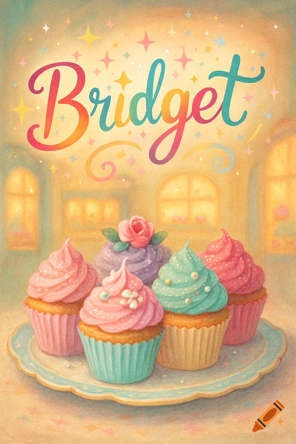 The name Bridget in rainbow script above five pastel cupcakes on a platter, sparkling background.
