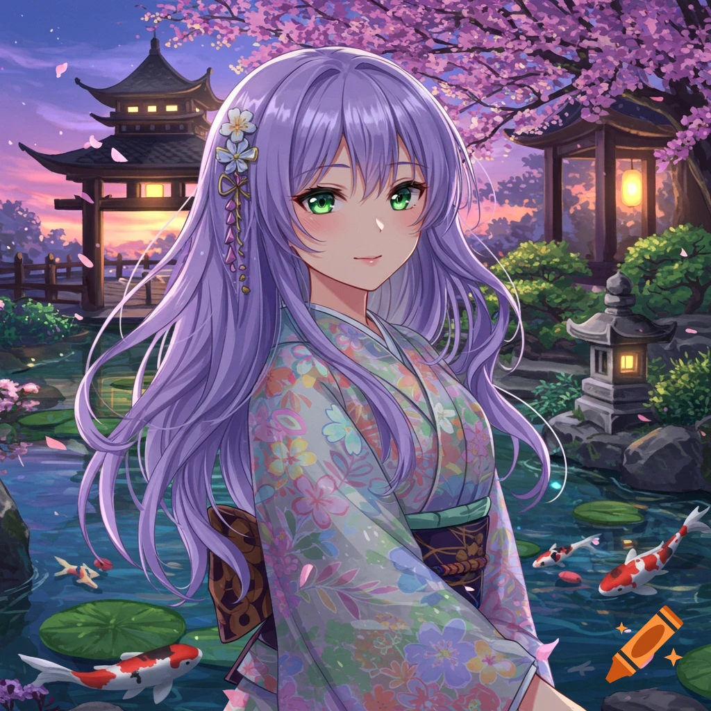 Anime girl with lavender hair and green eyes in a kimono stands in a Japanese garden with cherry blossoms, pagodas, and koi fish.