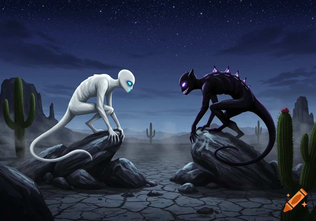 White and black chupacabra-like creatures face off on rocks in a desert under a starry night sky, digital art.