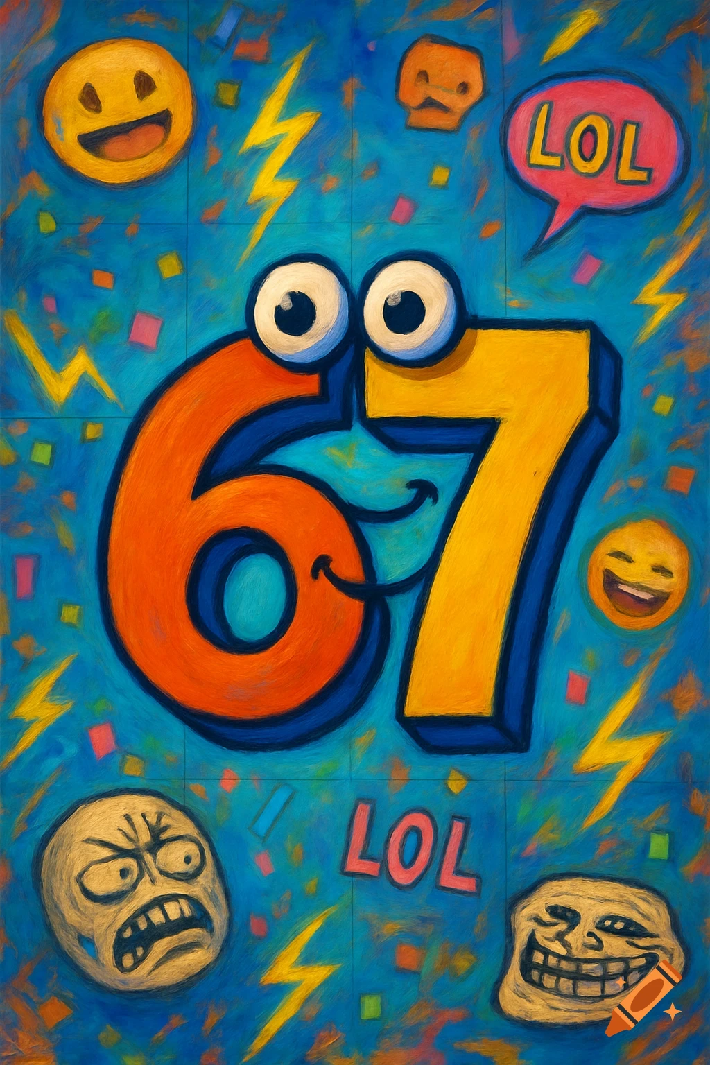 Vibrant, painterly image of the numbers '67' with cartoon eyes and mouths, surrounded by various emojis, lightning bolts, confetti, and 'LOL' text on a blue background.