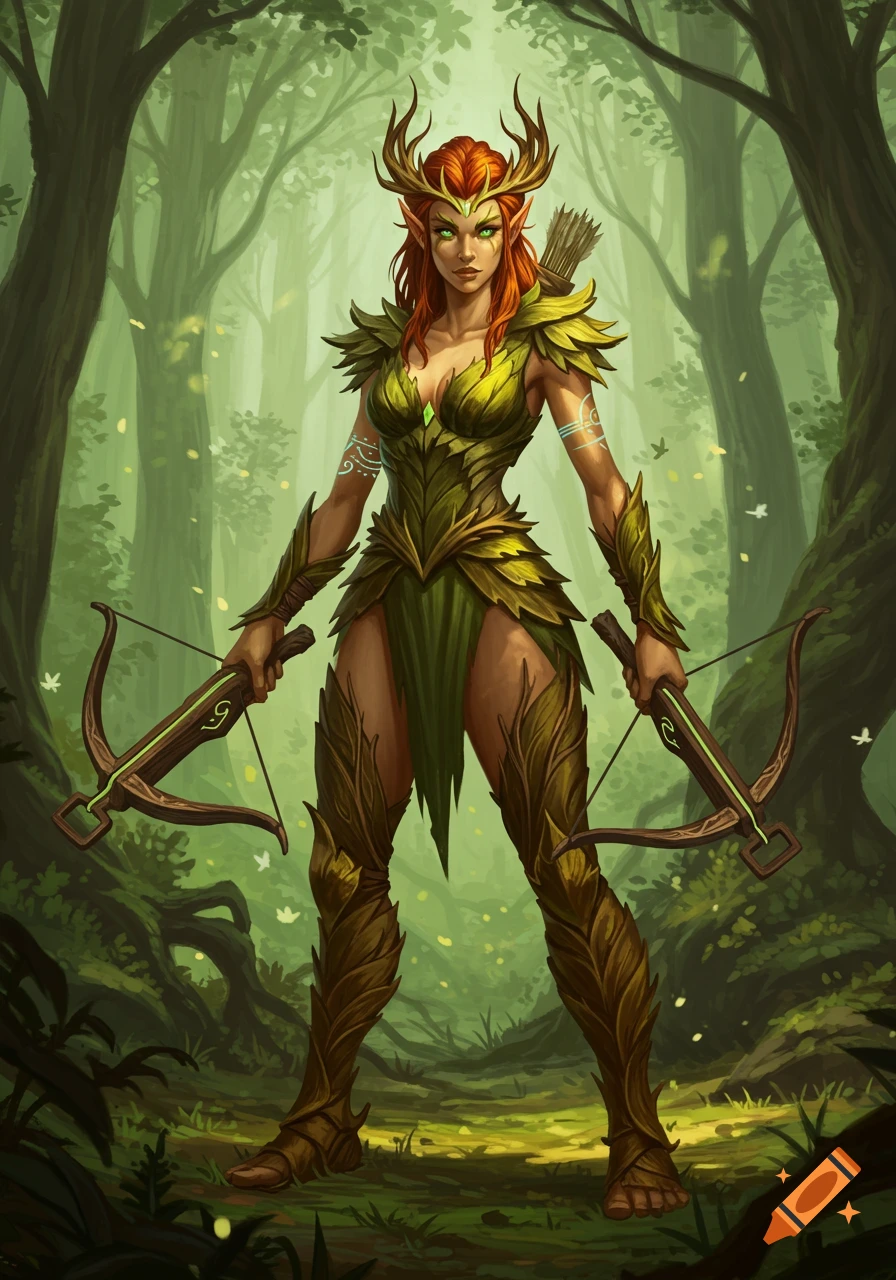 A detailed fantasy illustration of a red-haired wood elf with antlers and leaf armor, holding two crossbows in an enchanted forest.