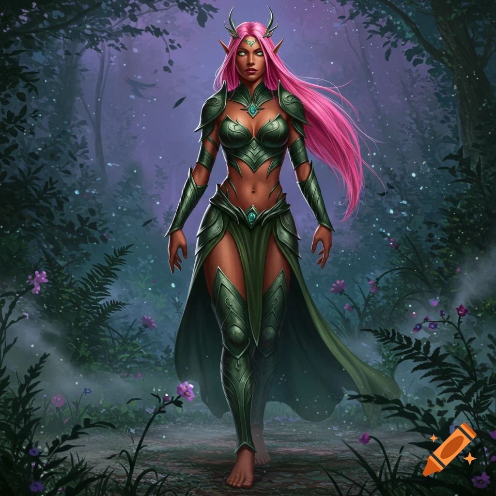 Dark-skinned female elf with pink hair and green armor standing on a path in a magical forest.