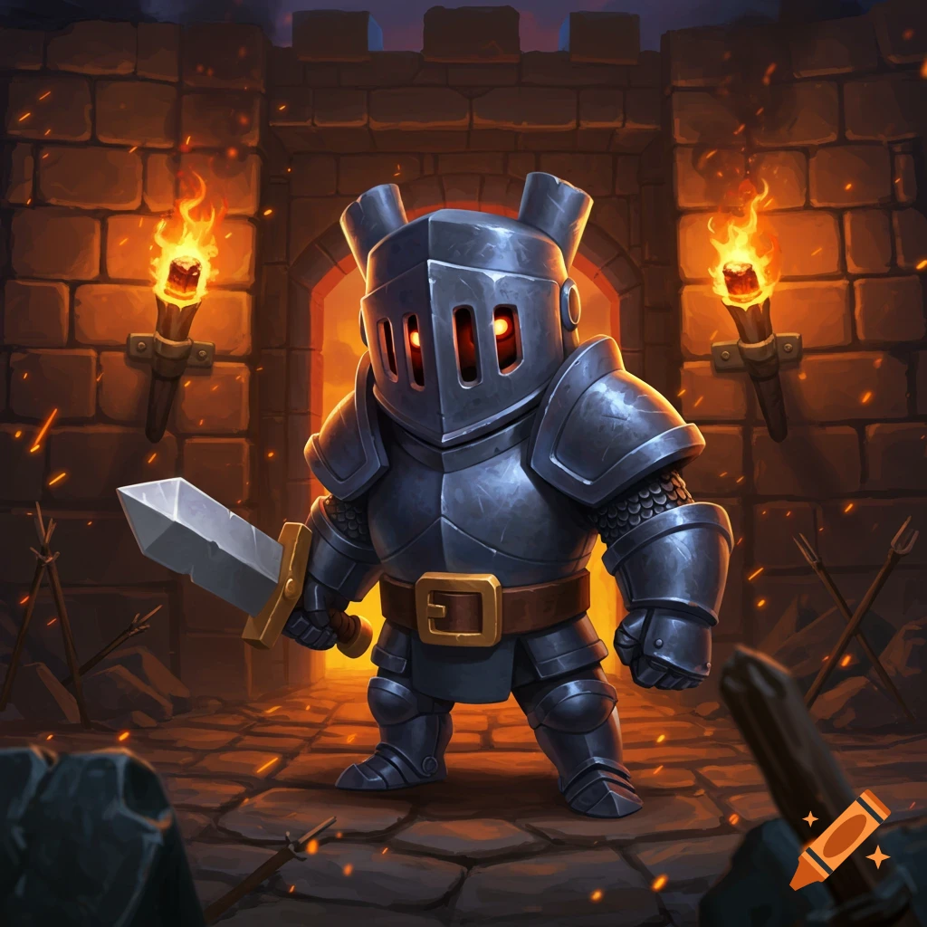 A cartoon mini knight in dark armor and helmet with glowing red eyes holds a sword in a torch-lit stone castle doorway.