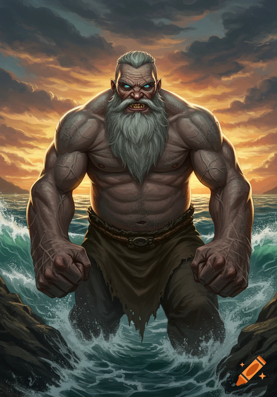 A muscular, angry giant with a long grey beard stands in the ocean against a dramatic sunset sky, in a digital fantasy art style.