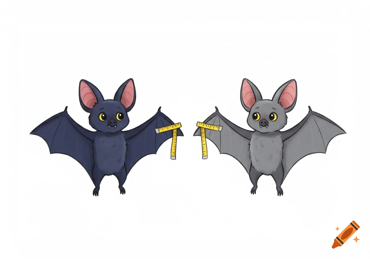 Two cartoon bats, one dark blue and one grey, hold yellow measuring tapes to their outstretched wings.