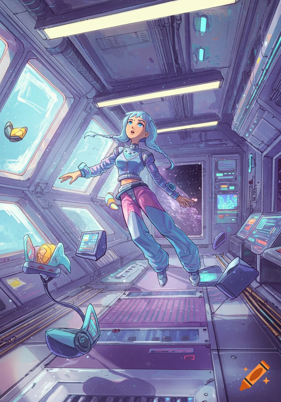 An anime girl with light blue hair floats weightlessly in a futuristic, purple-hued space station with glowing screens and gadgets.
