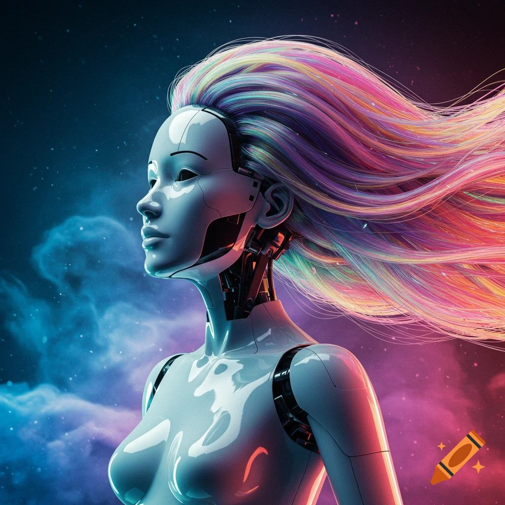 Futuristic female robot with flowing rainbow hair against a starry cosmic background.