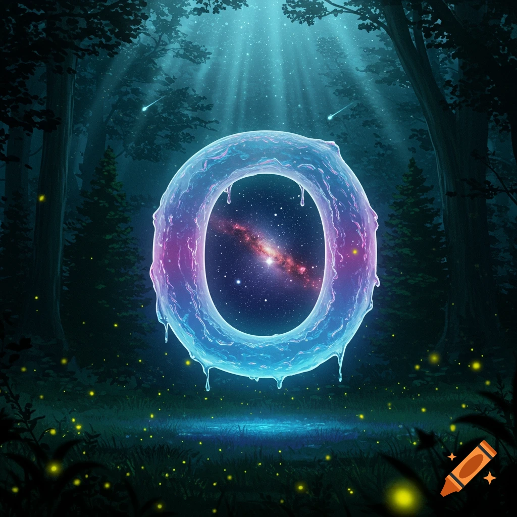 A glowing, translucent letter "O" filled with a vibrant galaxy floats in a dark, ethereal forest with light rays and fireflies.