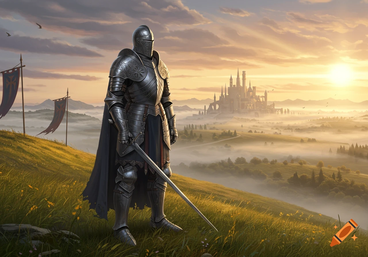 A knight in gleaming full plate armor stands on a grassy hill overlooking a misty valley and a distant castle at sunset.