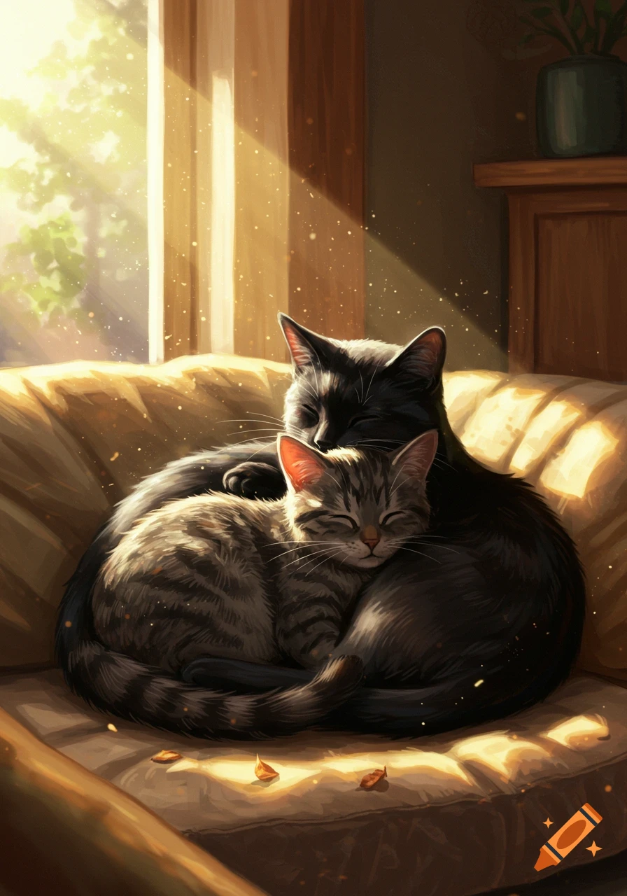 A black cat and a tabby cat cuddle on a sunlit couch, rendered in a warm digital art style.